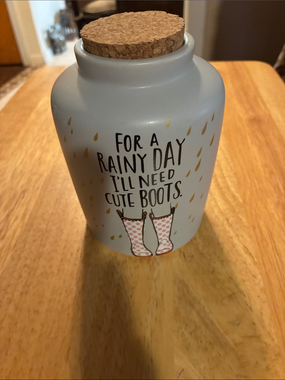 Hallmark Gray Ceramic Jar with Pink Boot Illustration and Gold Raindrops